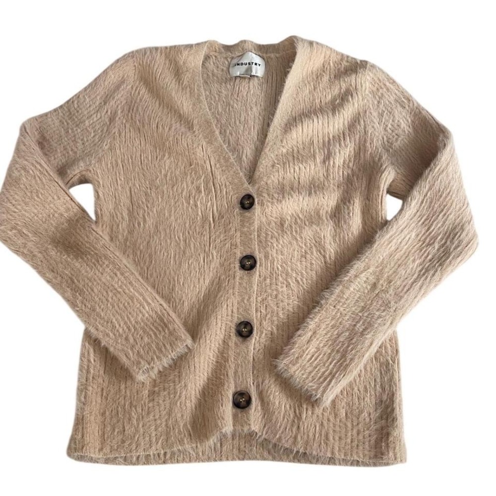 Industry Womens Tan Beige Fuzzy Knit‎ V-Neck Button Front Cardigan Large